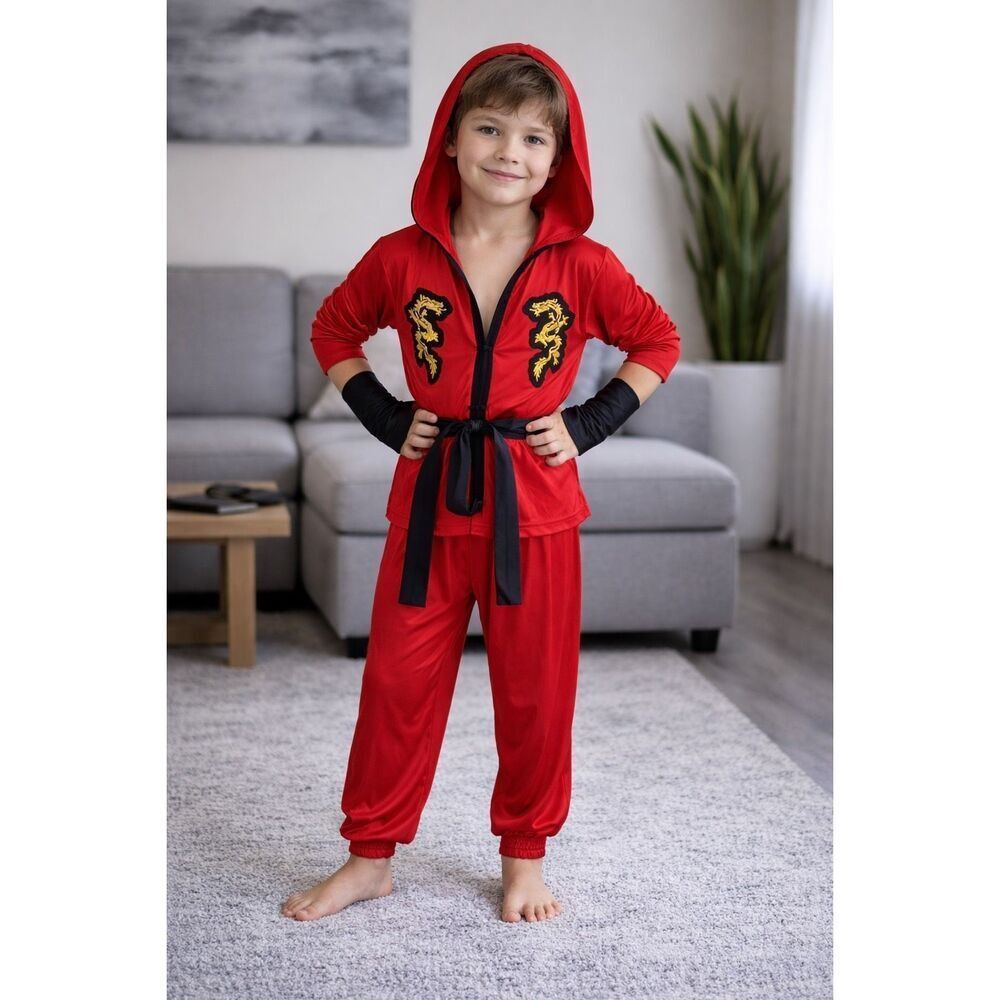 Fire Dragon Ninja Child Large 12-14 Halloween Costume Trick Or Treat School